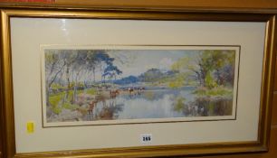 WILLIAM MATTHESON watercolour - river scene with watering cattle and ducks, signed, 18 x 49cms