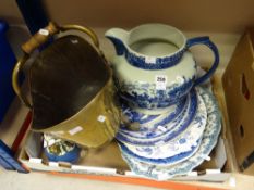 COLLECTION OF VARIOUS BLUE & WHITE PLATTERS, large blue & white jug and a brass coal helmet