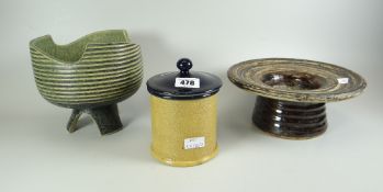 STUDIO PARCEL to include tripod bowl, cylindrical jar and cover and hat shaped dish (3)