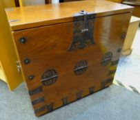 VINTAGE KOREAN HARDWOOD CHEST the drop-front revealing drawers and cavity, with metallic mounts