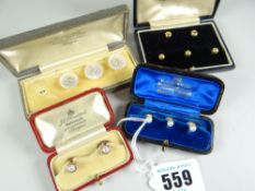 VARIOUS DRESS STUDS - four cased sets of dress studs comprising 18ct yellow gold five piece set,