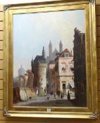 CONTINENTAL SCHOOL oil on canvas - continental street scene with figures and street musician,