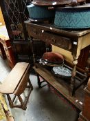 A SMALL LINENFOLD STYLE HALL TABLE, similar long stool and drop-leaf side table