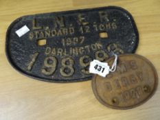 TWO CAST IRON ENGINE PLAQUES for LNER Standard 12 tons 1937 Darlington No. 198993 together with