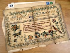 A VICTORIAN NEEDLEWORK SAMPLER featuring central prayer, alphabet and numbers 1-15 together with