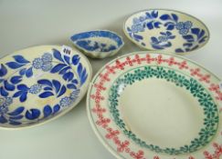 SOUTH WALES POTTERY SPONGEWARE to include dish, similar pair of blue and white dishes, both believed