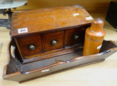A GOOD ANTIQUE MAHOGANY CUTLERY TRAY with twin handles, together with a three-drawer wooden tabletop