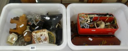 ASSORTMENT OF COSTUME JEWELLERY, COLLECTABLES contained within two plastic tubs