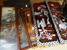 FOUR MOTHER-OF-PEARL-STYLE ORIENTAL WALL PANELS decorated with figures and animals etc