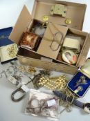 A SAFETY DEED TIN CONTAINING LOOSE COINAGE within a shoebox containing costume jewellery etc.