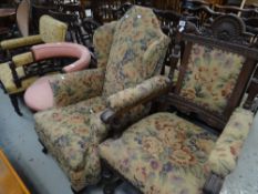 ANTIQUE WING-BACK ARMCHAIR ON CASTORS, together with a small tub chair and another cushion-backed