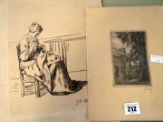 TWO ETCHINGS being an unframed Georgs Belin-Dollet after Jean Francois Millet of a seated seamstress