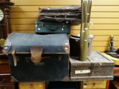 PARCEL OF ITEMS to include a large barrel-top steamer trunk, wooden box, metal hat box, shell case
