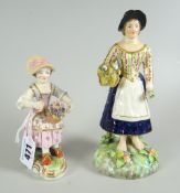 TWO DERBY PORCELAIN FIGURES being a standing lady with bouquet of flowers on a naturalistic base