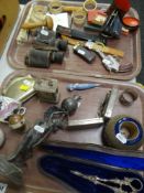 TWO TRAYS OF SMALL COLLECTABLES including white metal encased carriage clock, pair of vintage George