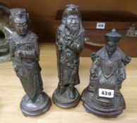 THREE ORIENTAL FIGURES being later metallic reproductions, tallest 24cms high