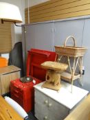 A PARCEL OF MODERN FURNITURE to include red desk, filing cabinet, elephant table, wicker basket
