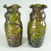 A PAIR OF AUSTRIAN ART NOUVEAU GLASS VASES in the manner of Pallme Konig of shaped form and