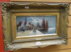 L VEERKAMP (Dutch) oil on board - harbour scene moonlight with figures, partial label verso, signed,