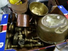 ASSORTED METALWARE to include brass twin handled pans, teapot, candlesticks etc