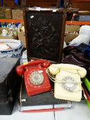TWO VINTAGE TWO-PIECE TELEPHONES, wind up gramophone, wooden trays etc