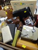 A BOX OF VARIOUS VINTAGE CAMERAS, darts etc