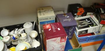 TWO CRATES OF BOXED GLASSWARE together with a crate of mixed china teaware