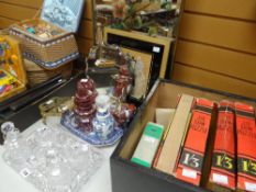 CUT GLASS DRESSING TABLE SET MIRRORED FIRE GUARD, art glass black wooden box containing vintage