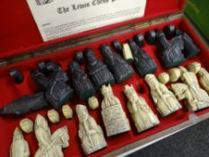 LEWIS CHESS SET - circa 1970s reproduction set of 'The Lewis Chess Pieces' in a carved box with