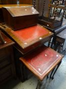 MAHOGANY DAVENPORT with red leather top, oak box, reproduction nest of three tables