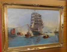 J CONRAD oil on canvas - busy shipping scene after Montague Dawson, signed, 57 x 88cms