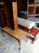 A PARCEL OF FURNITURE TO INCLUDE SMALL NARROW MAHOGANY BOOKCASE, reproduction long john coffee
