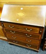 C20TH INLAID MAHOGANY FALL FRONT BUREAU, having fitted interior 97 cms high x 76 cms wide x 44 cms