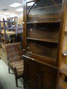 ANTIQUE OAK STANDING CORNER CUPBOARD with glazed top and two-door cupboard base, together with an