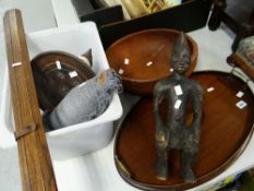 PARCEL OF WOODEN ITEMS including Edwardian inlaid twin handled tray, fruit bowl, carved African