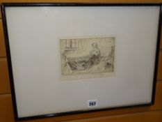 EILEEN SOPER etching - seated infant in bed, entitled on W B Simpson Gallery label 'Bed Time (