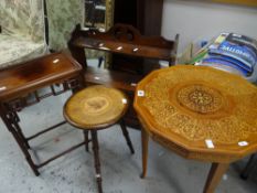 A DARK WOOD WALL HANGING CABINET WITH SHELVES, together with decorative topped side table, small