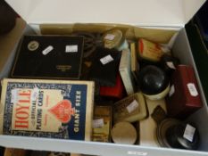 BOX OF VARIOUS COLLECTABLES including vintage playing cards, tins, two AA badges etc