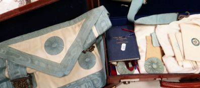 TWO BROWN LEATHER CASES CONTAINING MASONIC REGALIA and manuals
