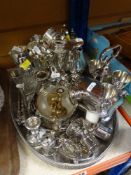 EPNS GALLERIED TRAY containing collection of various EPNS including sugar helmet, egg cups,