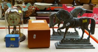 DOMED CLOCK together with pair of equestrian brass door-stops and cut glass decanter