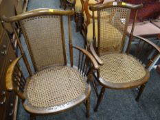PAIR OF CANE SEATED AND BACKED SPINDLE ARMCHAIRS (2)