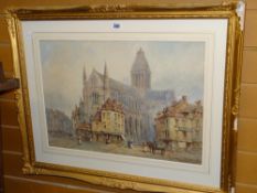 PIERRE LE BOUEFF watercolour - Continental street scene with figures, cart and cathedral, signed, 37