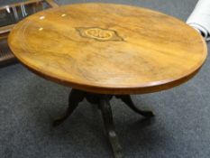 LATE VICTORIAN INLAID WALNUT TILT TOP LOO TABLE 118 X 86 cms the table top