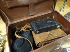 CASE & CONTENTS being a good vintage tan leather overnight case with monogram 'IMcW' to lid,