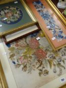 TWO FRAMED CROSS-STITCH FLORAL PANELS, framed silk panel etc.