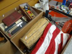 TWO BOXES OF COLLECTABLES & EPHEMERA including USA flag, miniature croquet photographs etc