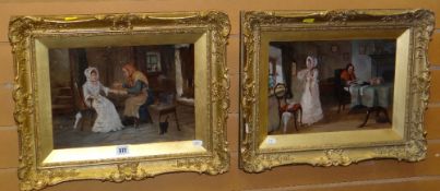 DAVID W HADDON (fl.1884-1914) believed oil on board, a pair - both domestic scenes with two figures,