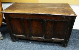 ANTIQUE OAK COFFER OF SMALL PROPORTIONS, raised on four stile type feet, 112 cms wide by 68.5 cms