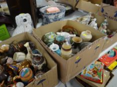 FOUR BOXES OF VARIOUS CHINA including figurines, jugs, wooden trays etc